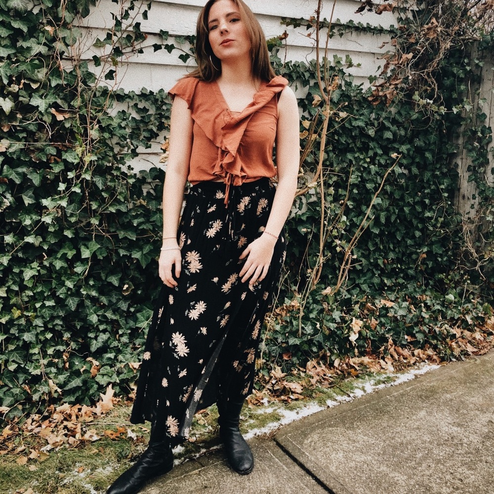 American Rag shirt and black floral maxi skirt